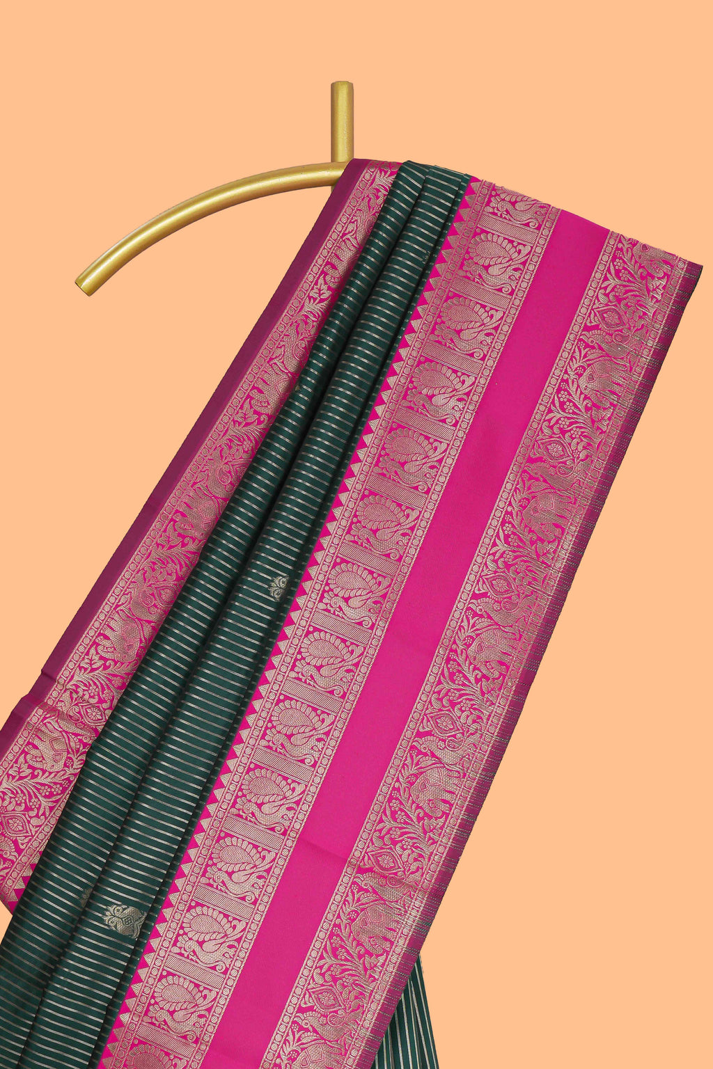 Green striped zari motifs design kota cotton saree with contrast zari border and motifs blouse