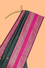 Green striped zari motifs design kota cotton saree with contrast zari border and motifs blouse