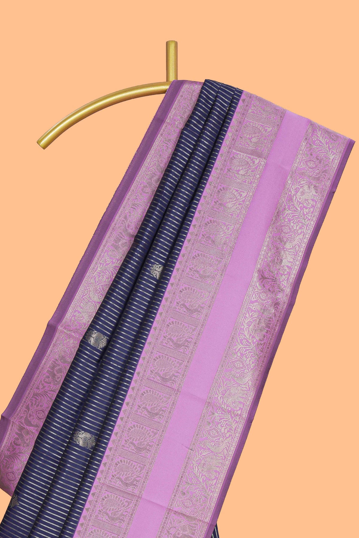 Blue striped zari motifs design kota cotton saree with contrast zari border and motifs blouse