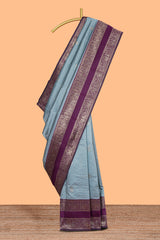 Light blue striped zari motifs design kota cotton saree with contrast zari border and motifs blouse