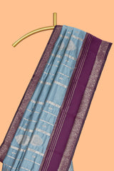 Light blue striped zari motifs design kota cotton saree with contrast zari border and motifs blouse