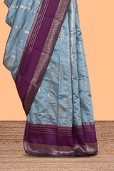 Light blue striped zari motifs design kota cotton saree with contrast zari border and motifs blouse