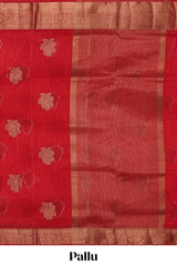 Red floral zari motifs design kota cotton saree with self zari border and matching motifs blouse