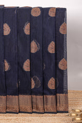 Dark blue geometric zari motifs design kota cotton saree with self zari border and matching motifs blouse