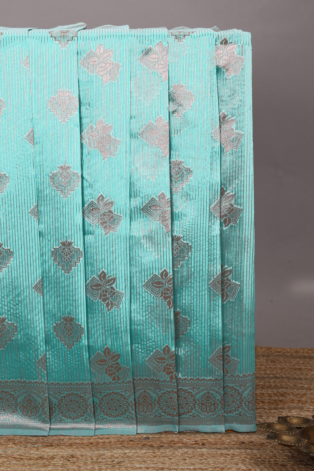 Turquoise blue floral zari design kota cotton saree with self zari border and matching blouse