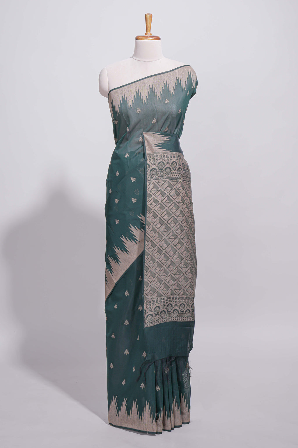 Dark Green Kota Cotton Saree With Gold Zari Buttas, Temple Design Zari Border, Woven Zari Pallu And Matching Blouse Piece