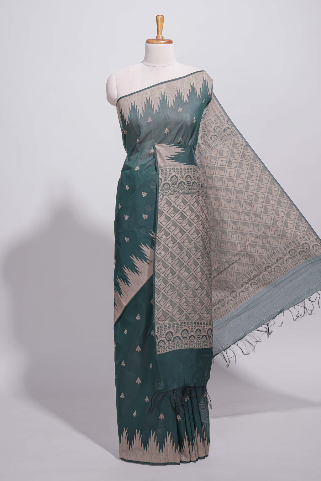Dark Green Kota Cotton Saree With Gold Zari Buttas, Temple Design Zari Border, Woven Zari Pallu And Matching Blouse Piece