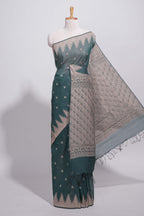 Dark Green Kota Cotton Saree With Gold Zari Buttas, Temple Design Zari Border, Woven Zari Pallu And Matching Blouse Piece