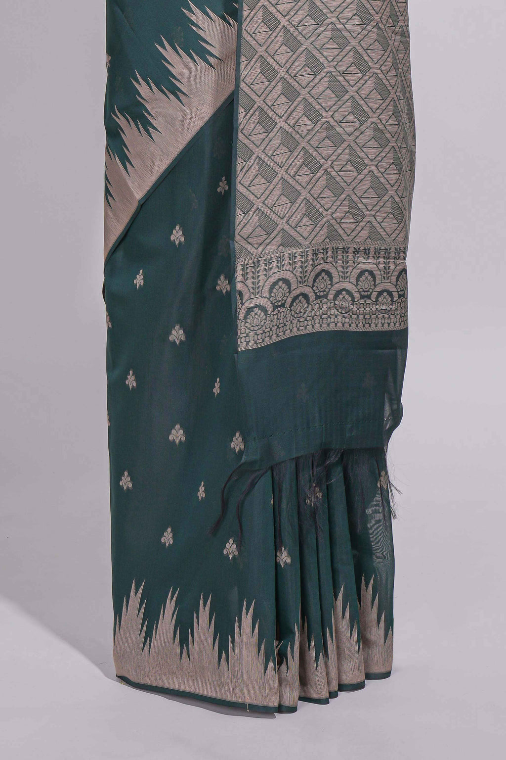 Dark Green Kota Cotton Saree With Gold Zari Buttas, Temple Design Zari Border, Woven Zari Pallu And Matching Blouse Piece