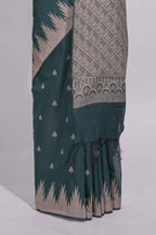 Dark Green Kota Cotton Saree With Gold Zari Buttas, Temple Design Zari Border, Woven Zari Pallu And Matching Blouse Piece