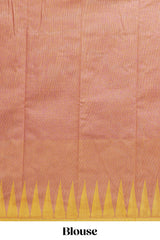 Yellow kota cotton saree with gold zari buttas a zari border with temple design and zari woven pallu with matching blouse piece