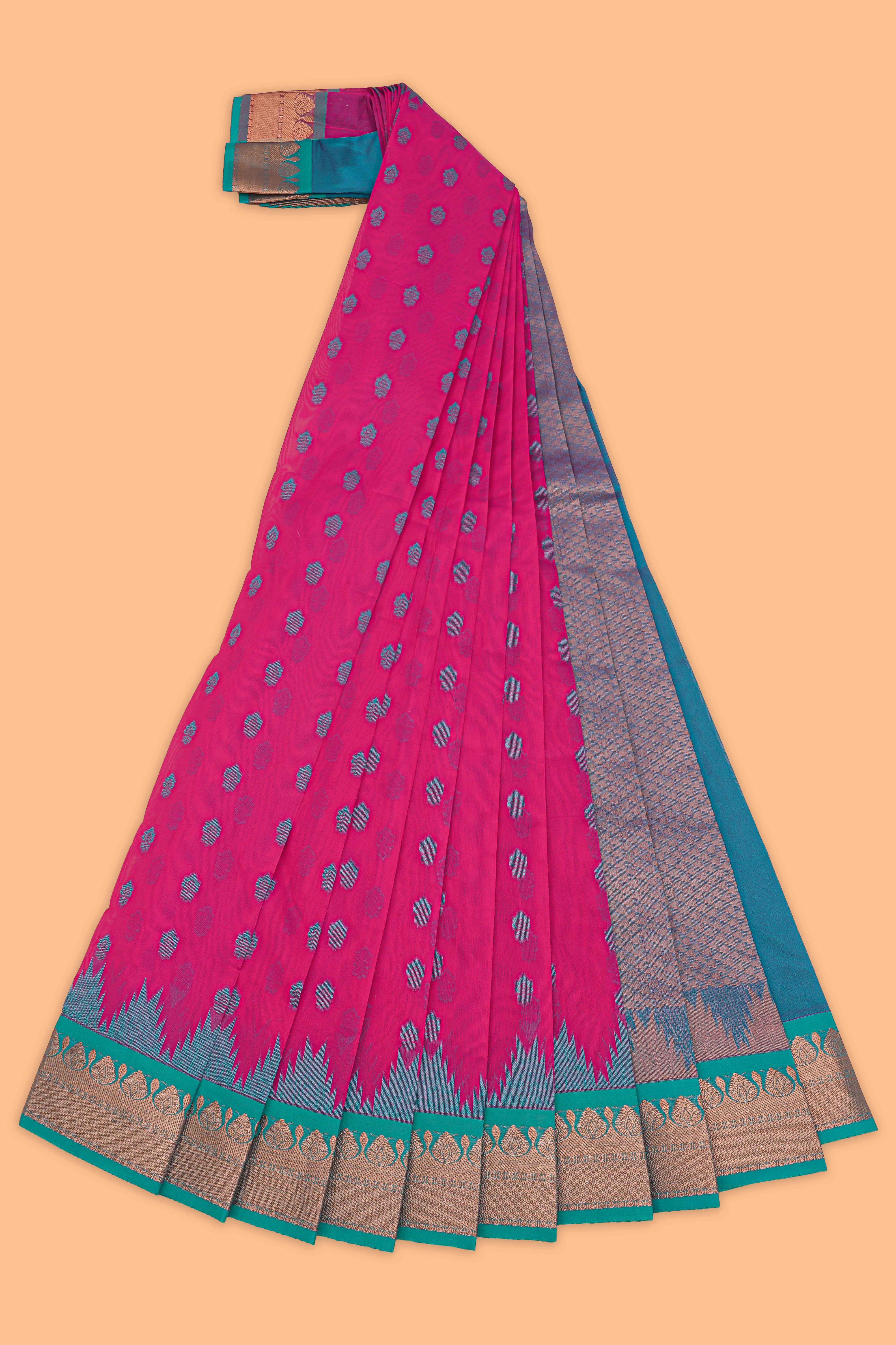 Pink floral motifs design kota cotton saree with contrast zari border and plain blouse