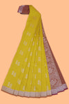 Lime yellow floral motifs design kota cotton saree with contrast zari border and blouse
