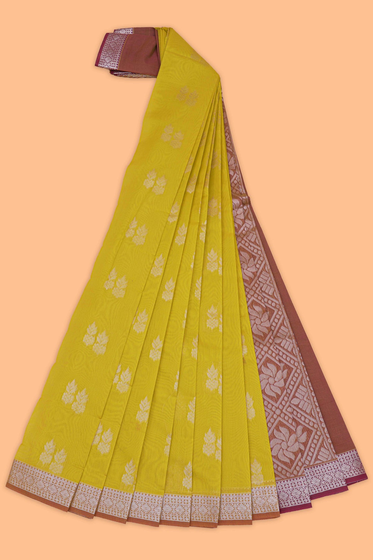 Lime yellow floral motifs design kota cotton saree with contrast zari border and blouse