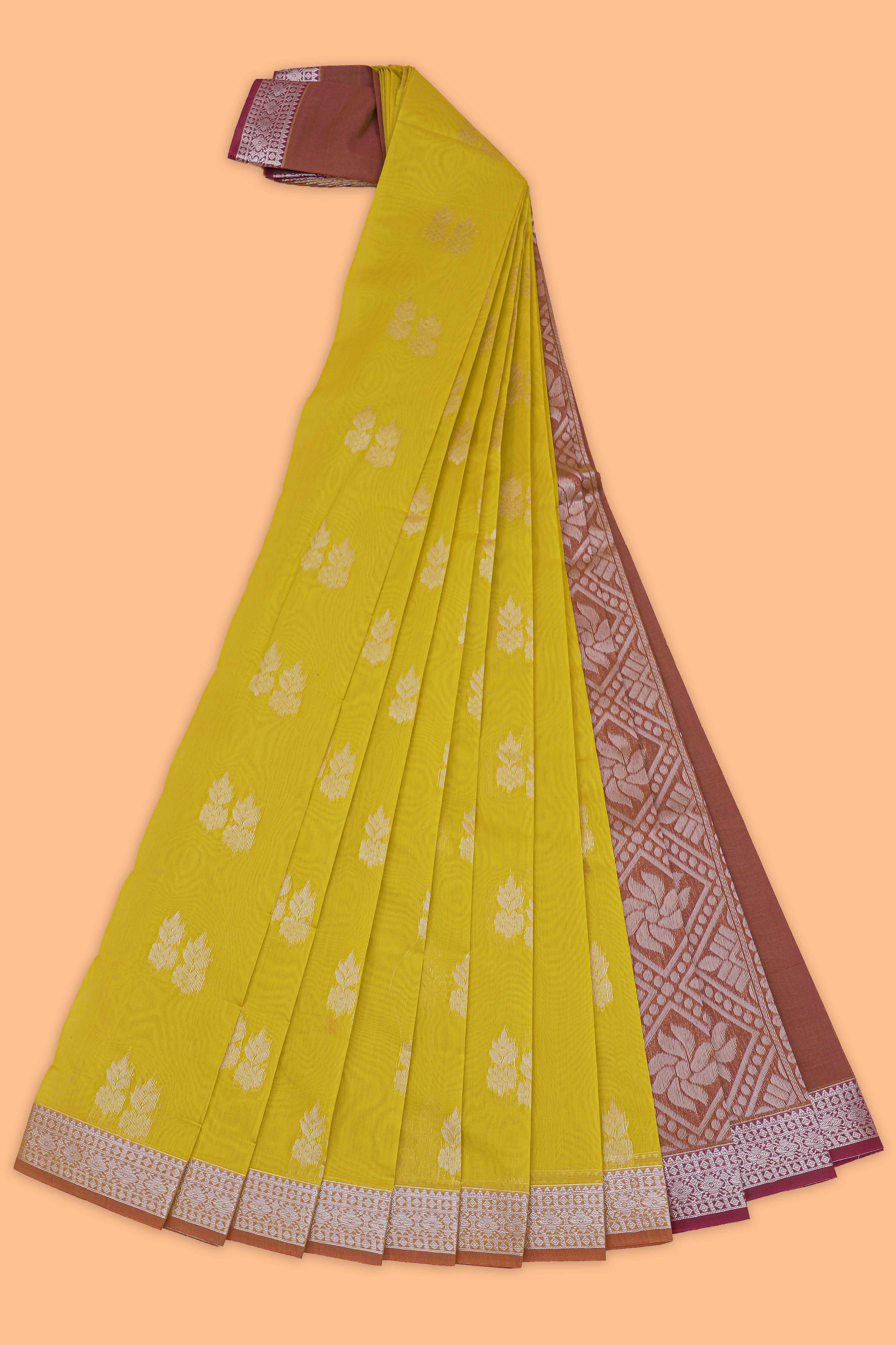 Lime yellow floral motifs design kota cotton saree with contrast zari border and blouse