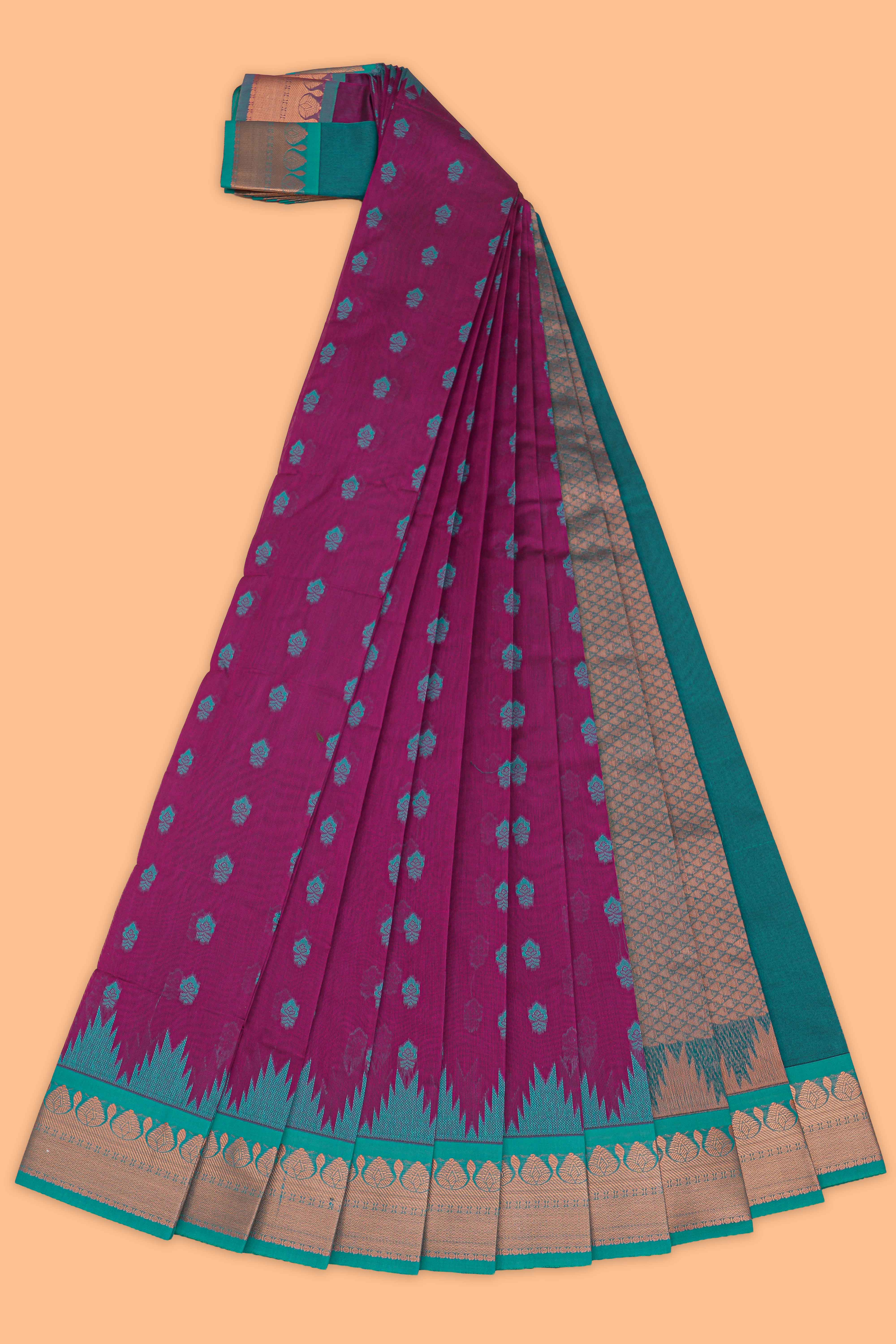 Purple motifs design kota cotton saree with contrast zari border and blouse