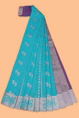 Blue motifs design kota cotton saree with self zari border and contrast blouse