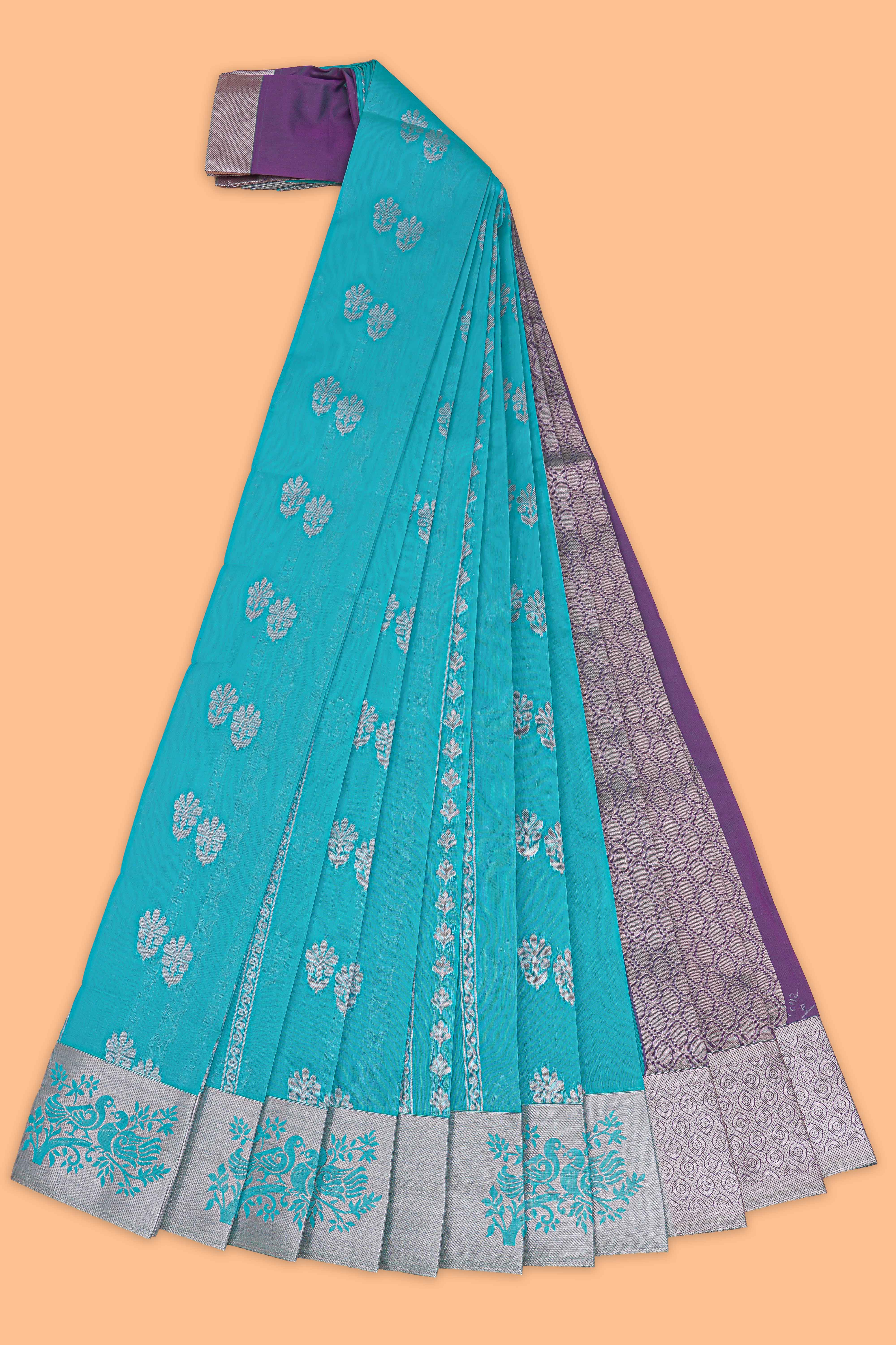 Blue motifs design kota cotton saree with self zari border and contrast blouse