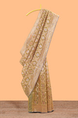 Olive gold floral motifs design kota cotton saree with self zari border and contrast blouse