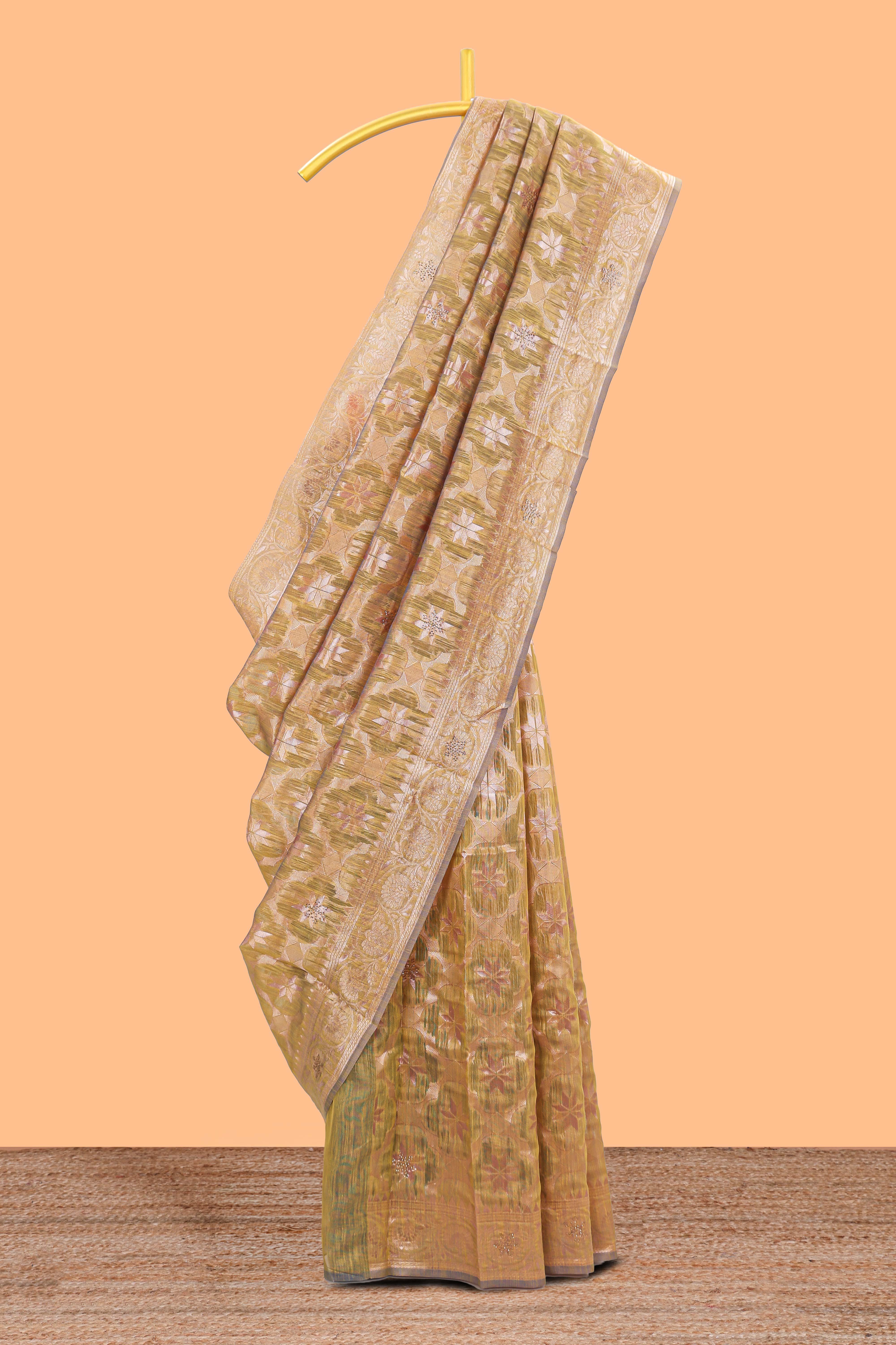 Olive gold floral motifs design kota cotton saree with self zari border and contrast blouse