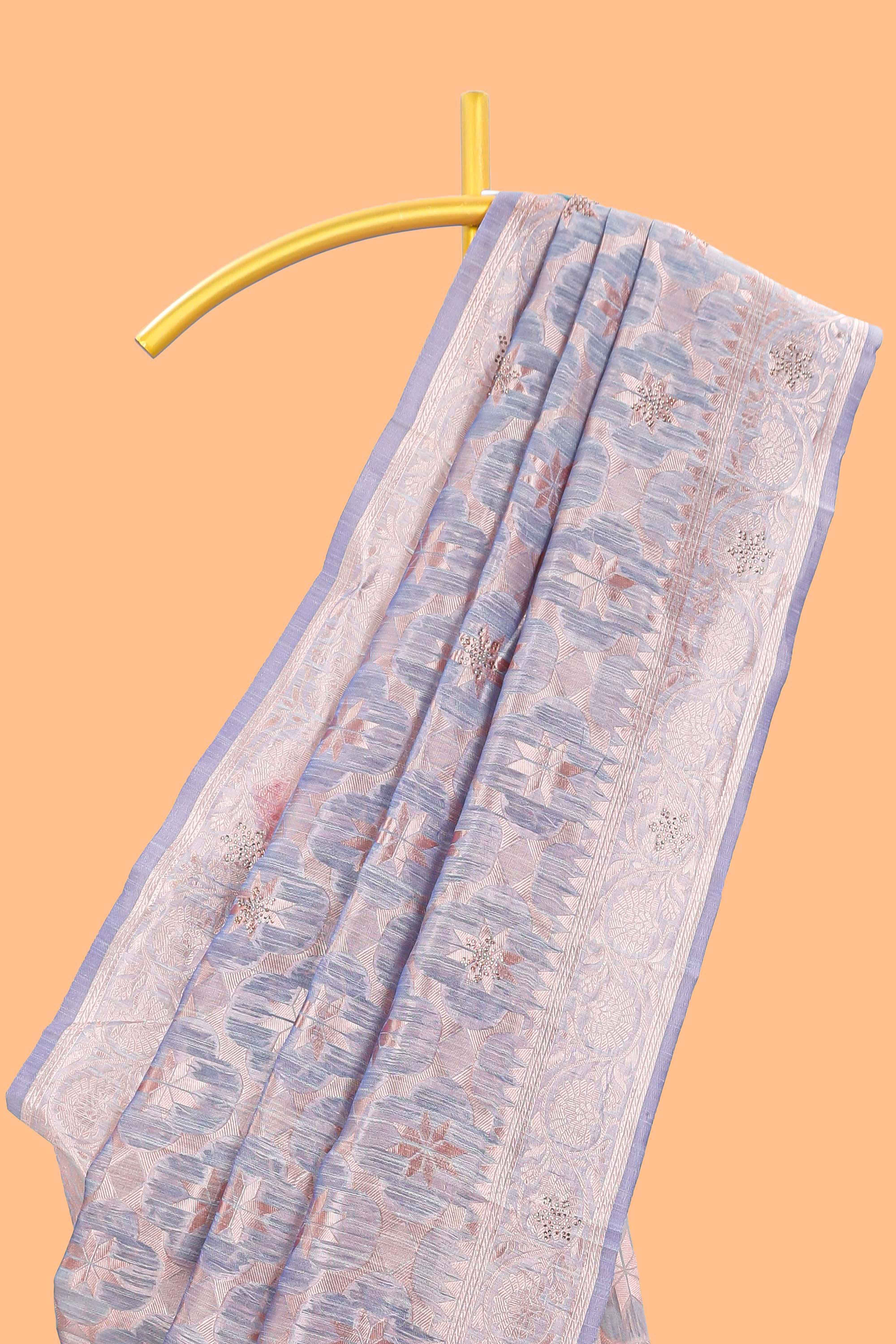 Powder blue floral motifs design kota cotton saree with self zari border and contrast blouse
