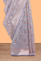Powder blue floral motifs design kota cotton saree with self zari border and contrast blouse