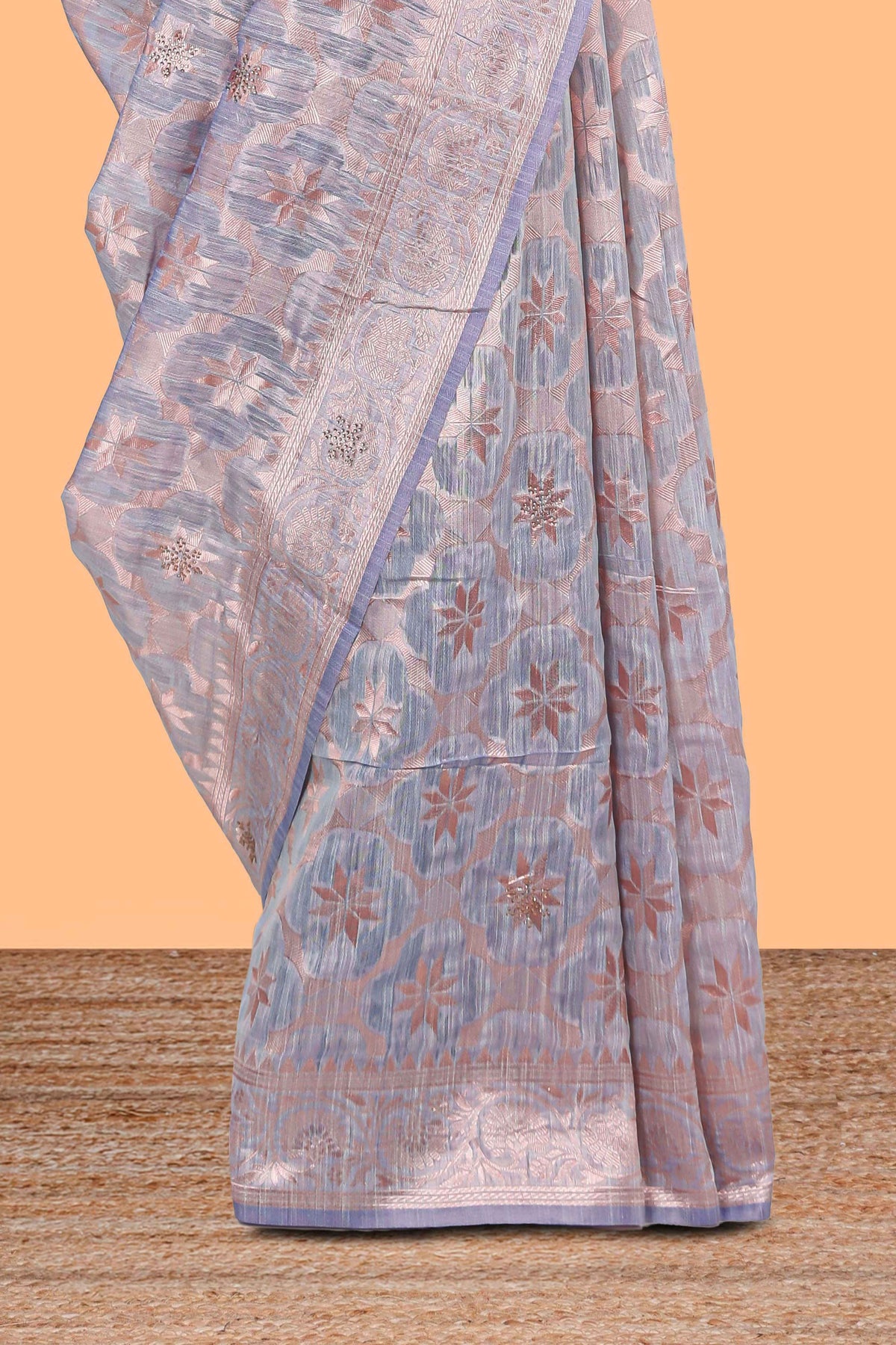Powder blue floral motifs design kota cotton saree with self zari border and contrast blouse