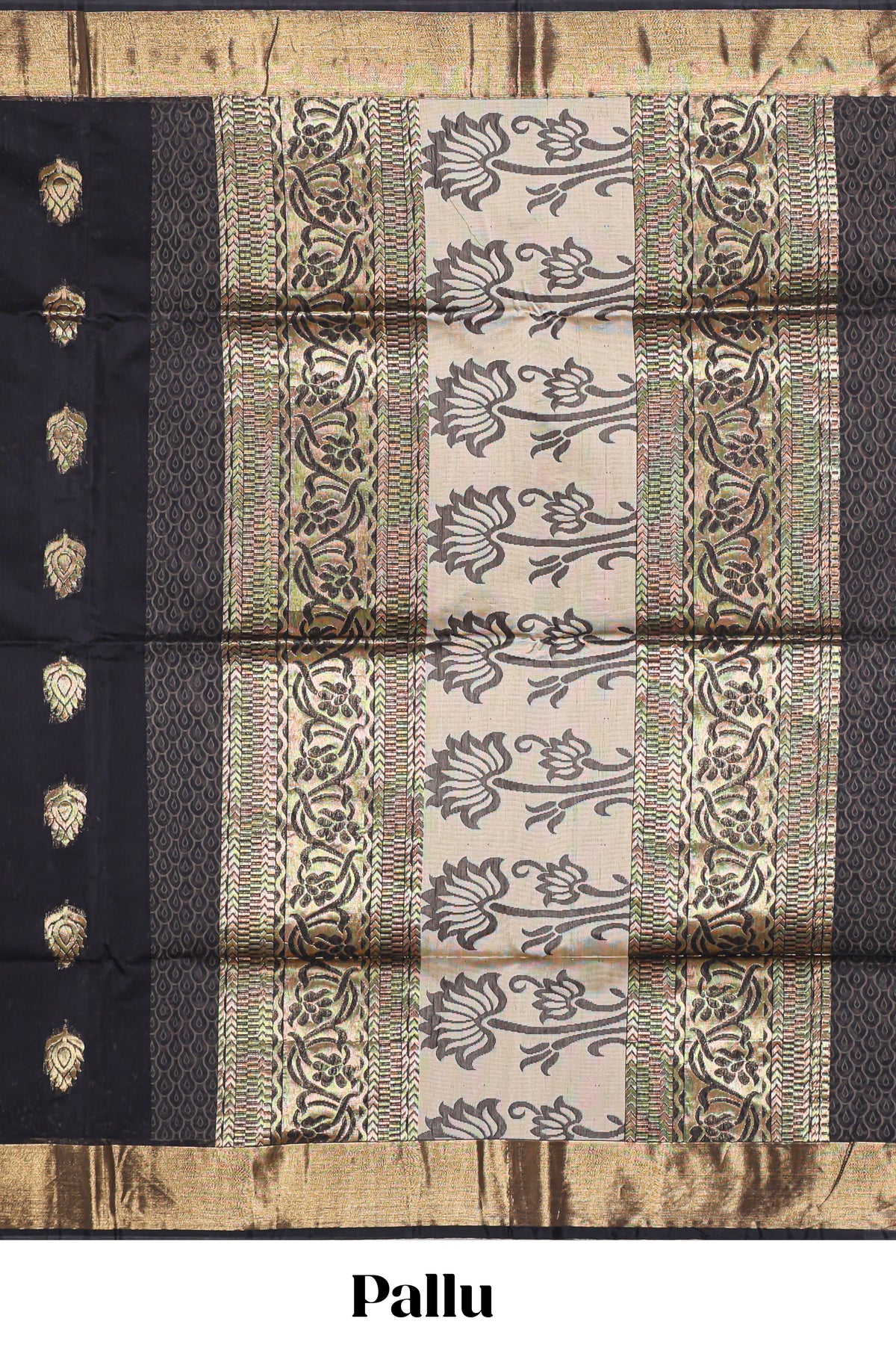 Black floral zari motifs kota cotton saree with self zari border and contrast blouse