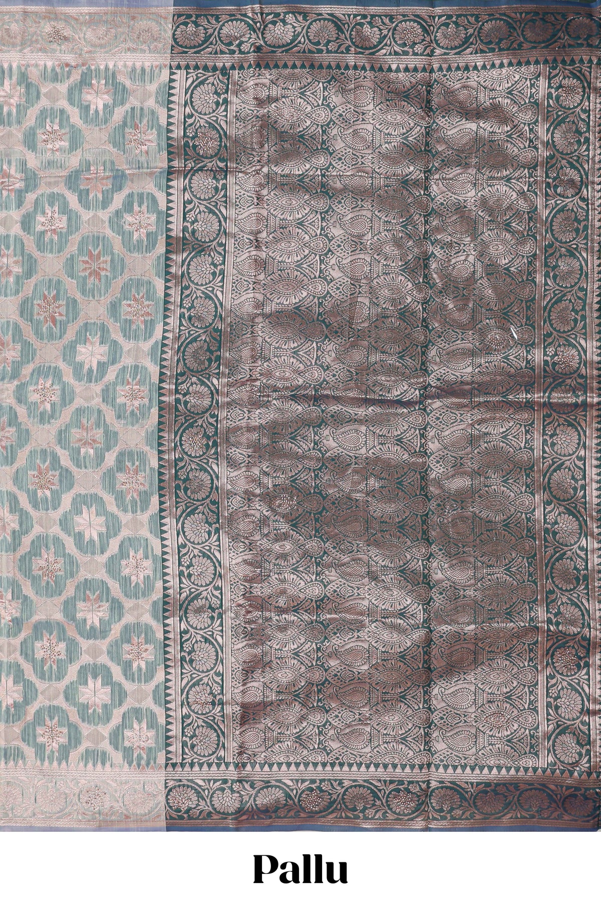 Powder green floral motifs design kota cotton saree with self zari border and contrast blouse