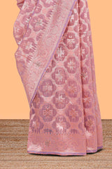 Pink floral motifs design kota cotton saree with self zari border and contrast blouse