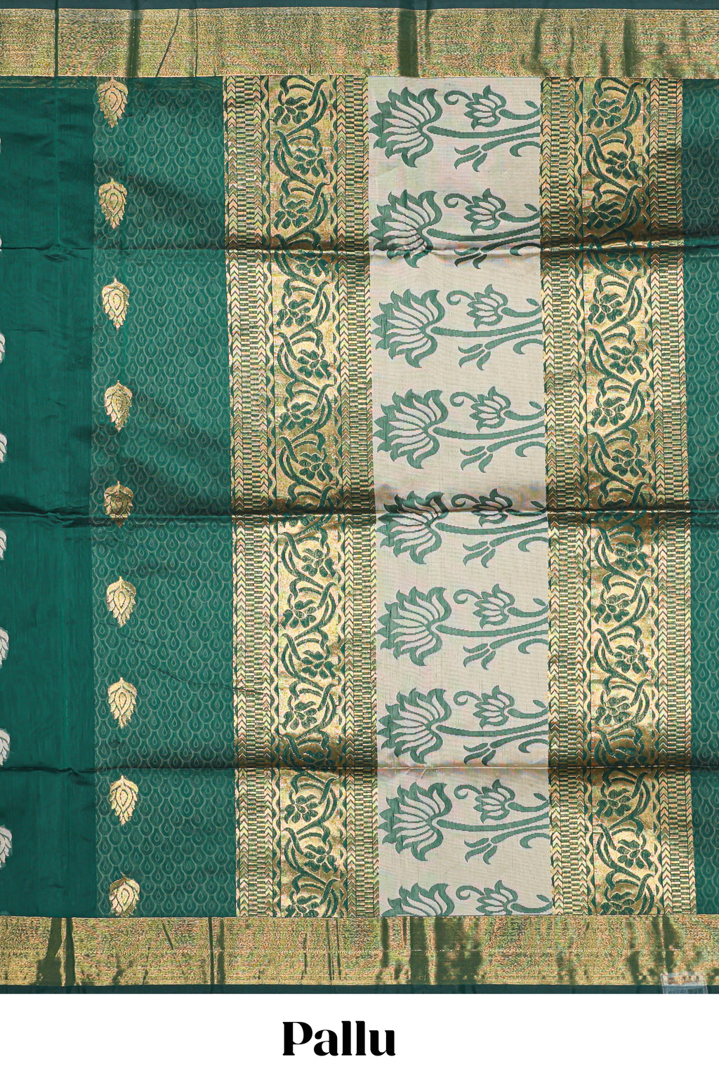 Green floral zari motifs kota cotton saree with self zari border and contrast blouse