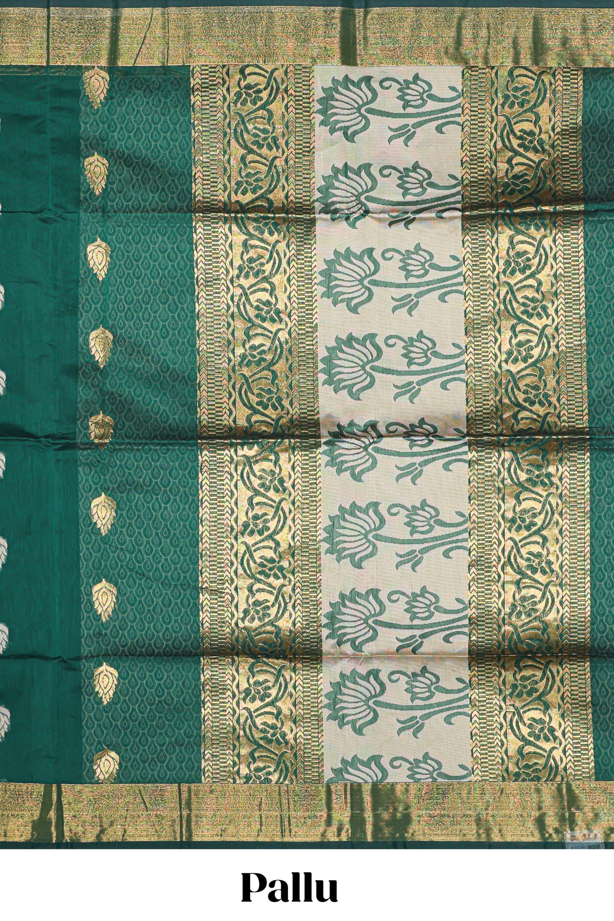 Green floral zari motifs kota cotton saree with self zari border and contrast blouse