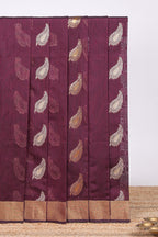 Deep maroon leaf zari motifs kota cotton saree with self zari border and contrast blouse