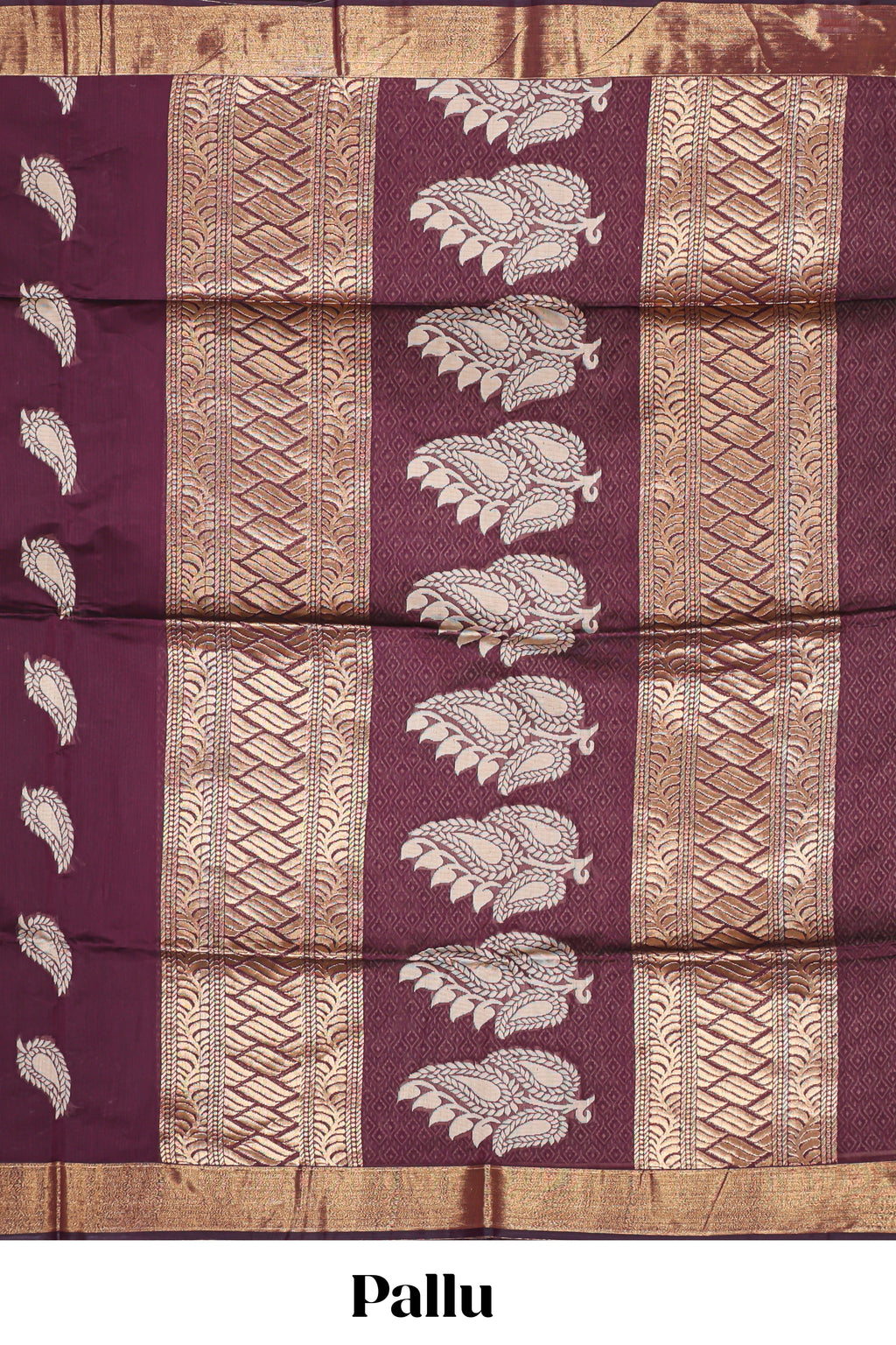 Deep maroon leaf zari motifs kota cotton saree with self zari border and contrast blouse