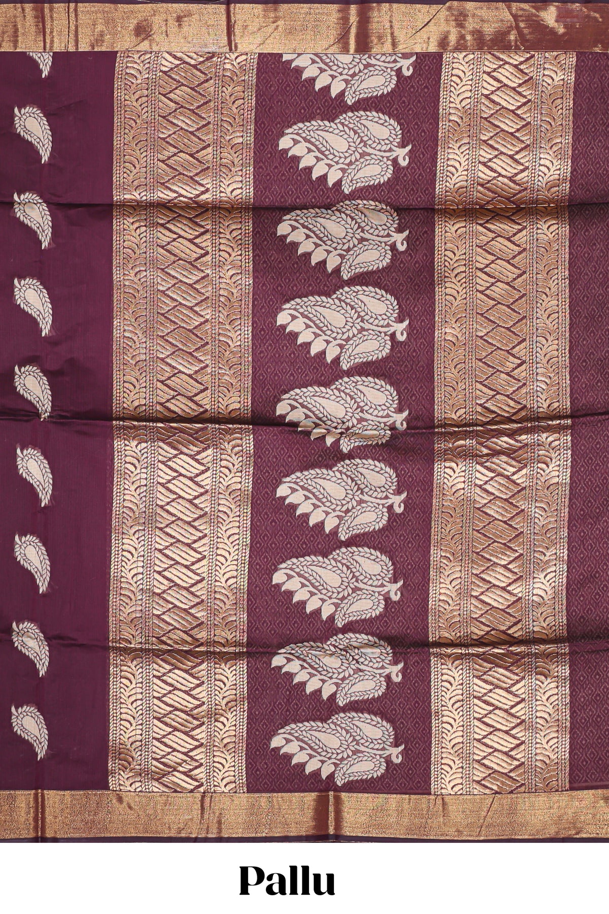 Deep maroon leaf zari motifs kota cotton saree with self zari border and contrast blouse