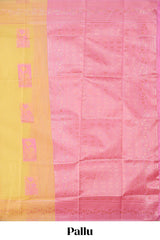 Yellow geometric motifs design kota cotton saree with self zari border and contrast blouse