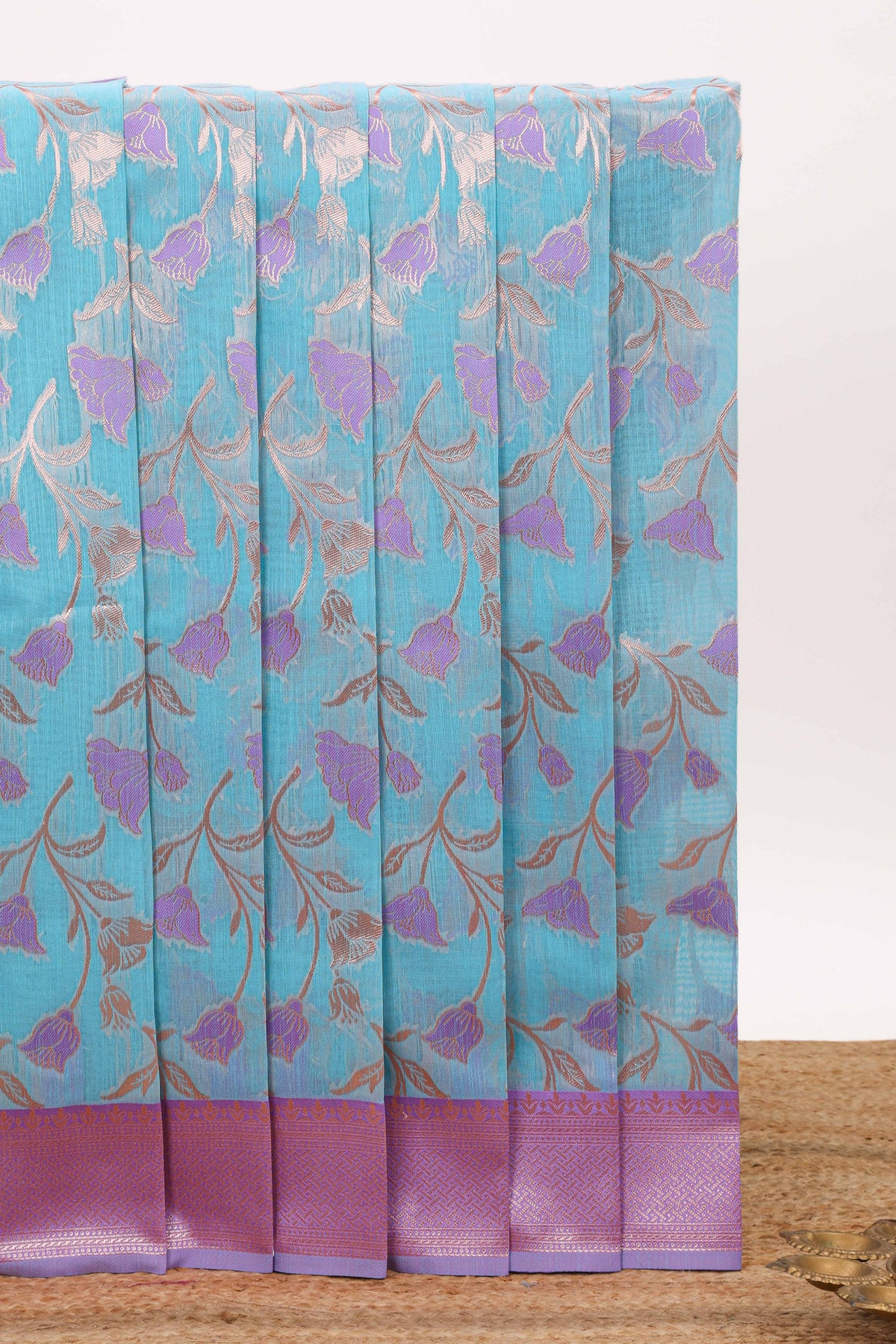Blue floral motifs design kota cotton saree with contrast zari border and blouse