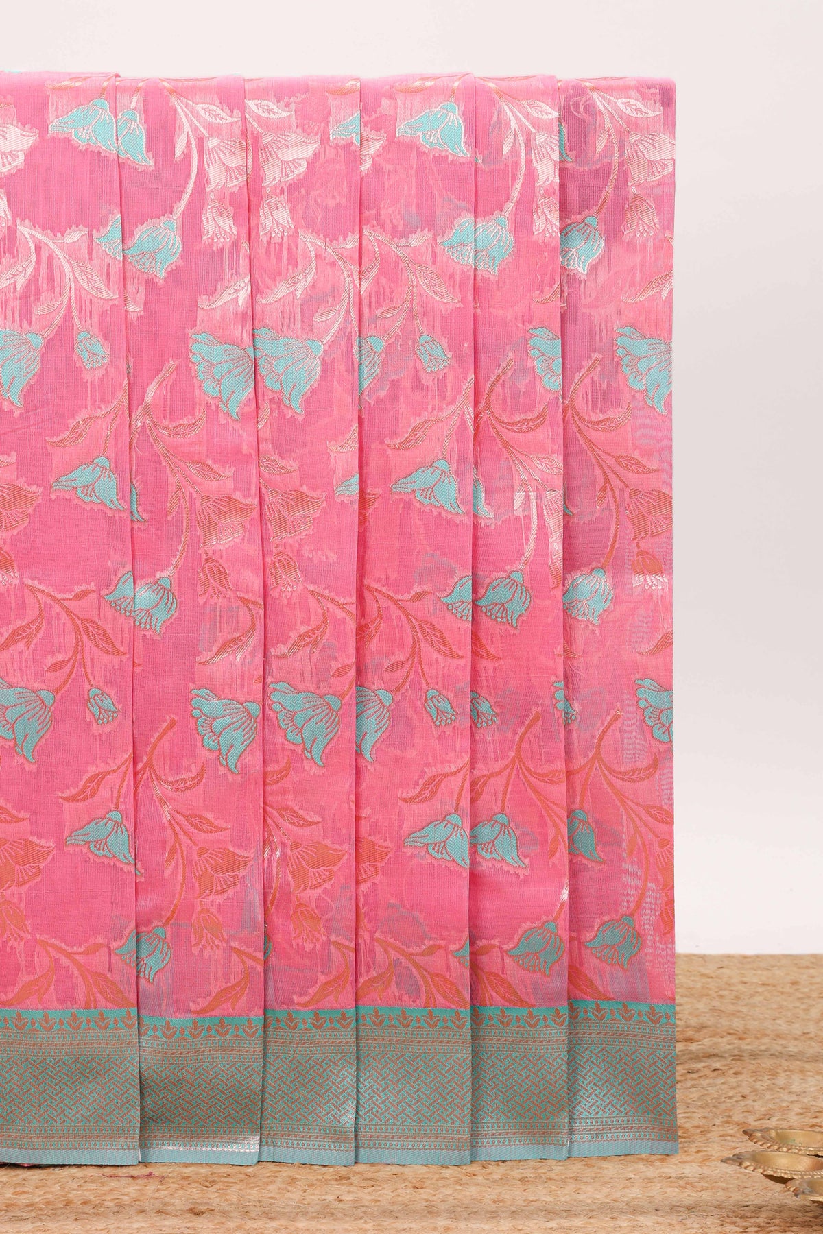 Pink floral motifs design kota cotton saree with contrast zari border and blouse