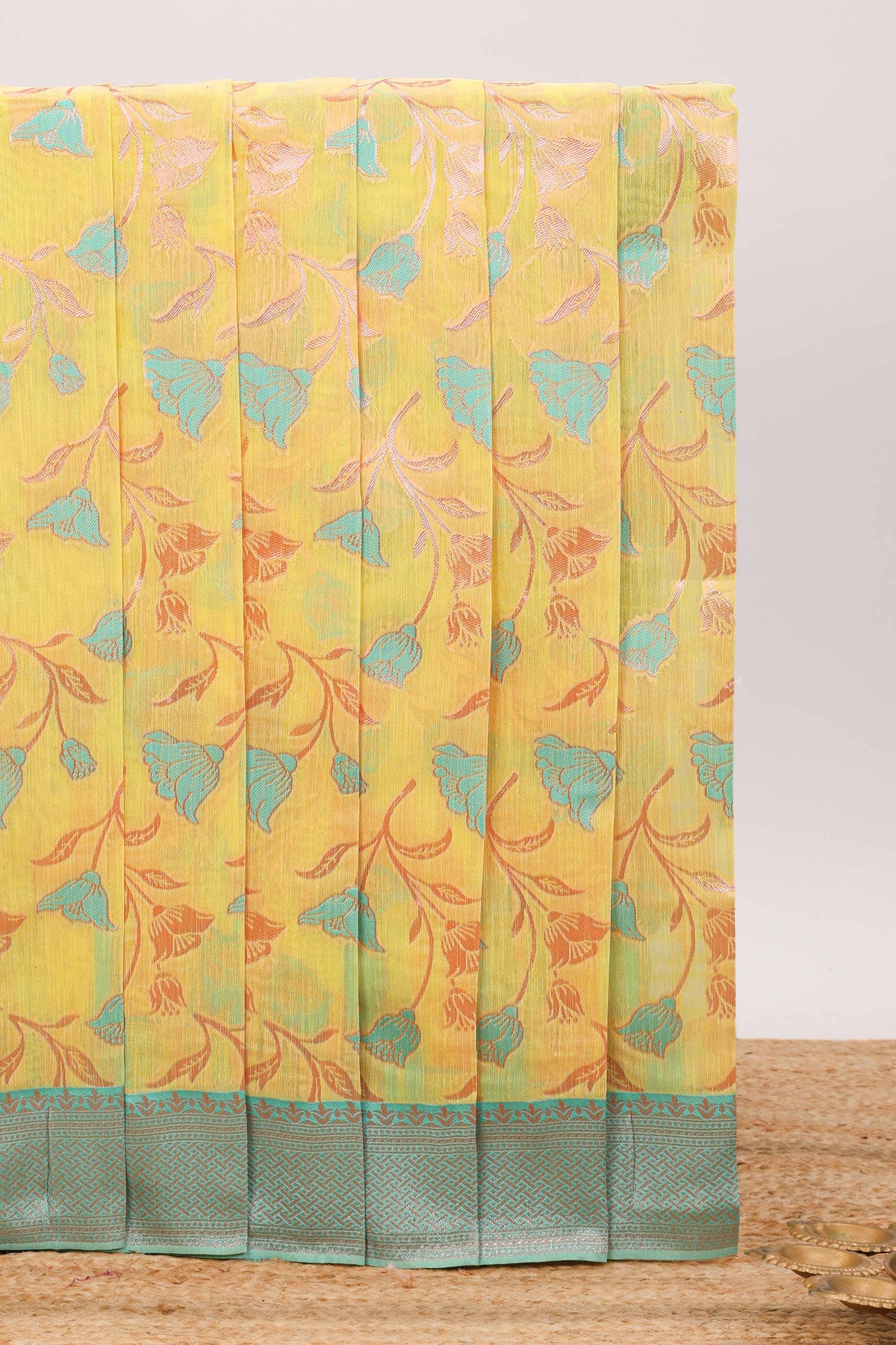 Yellow floral motifs design kota cotton saree with contrast zari border and blouse