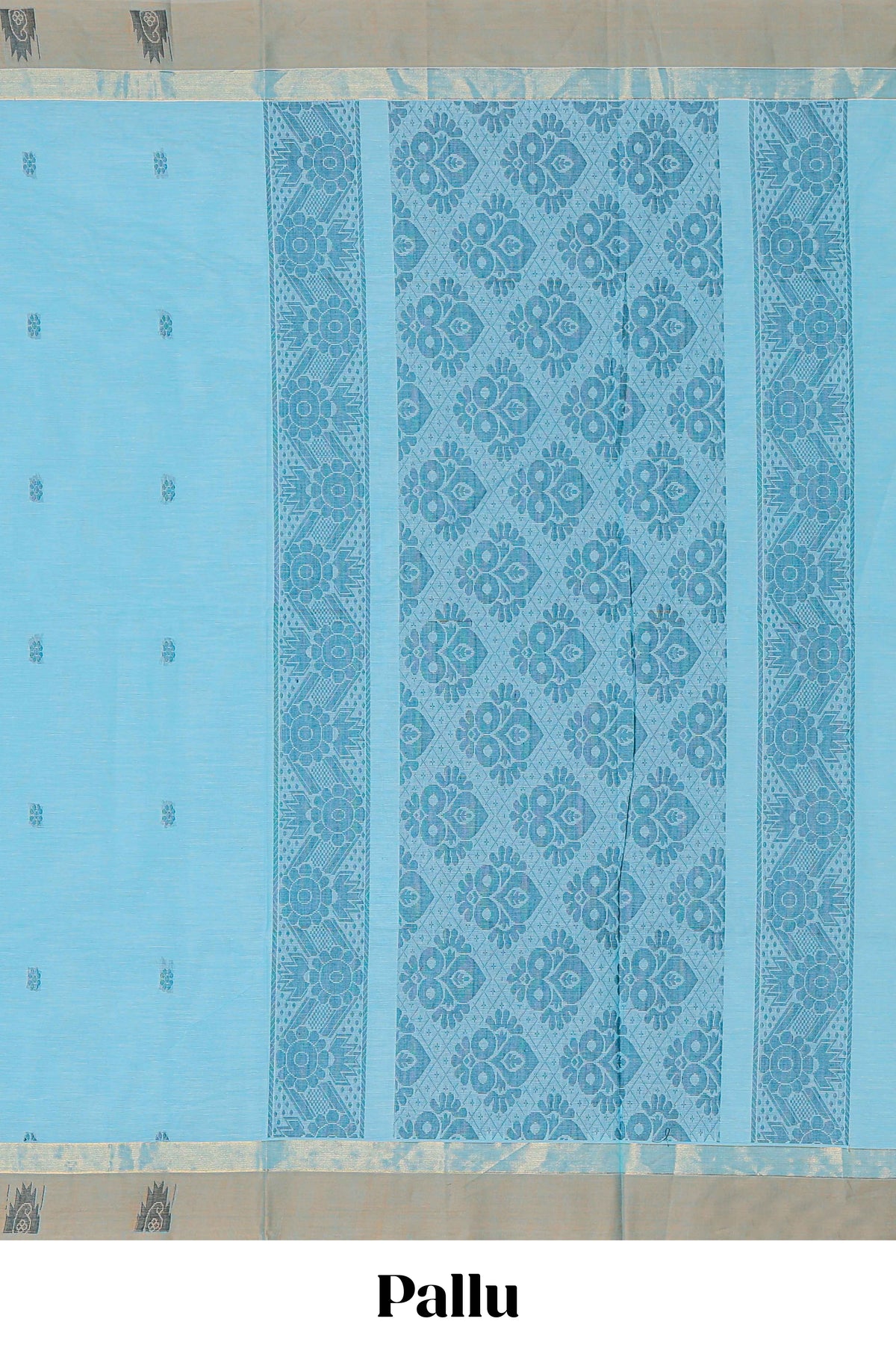 Blue shade floral butta motifs kovai cotton saree with contrast zari border and matching blouse along with floral geometric pattern pallu