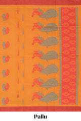 Saffron orange paisley and teardrop motifs kovai cotton saree with contrast border and matching blouse