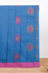 Ink blue floral butta motifs kovai cotton saree with contrast border and matching blouse along with manga motifs pallu