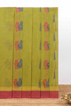 Olive green paisley and teardrop motif designs kovai cotton saree with contrast border and matching blouse