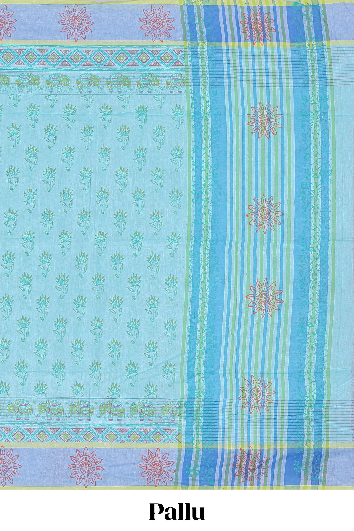 Light blue floral and elephant motifs kovai cotton saree with contrast  border and blouse