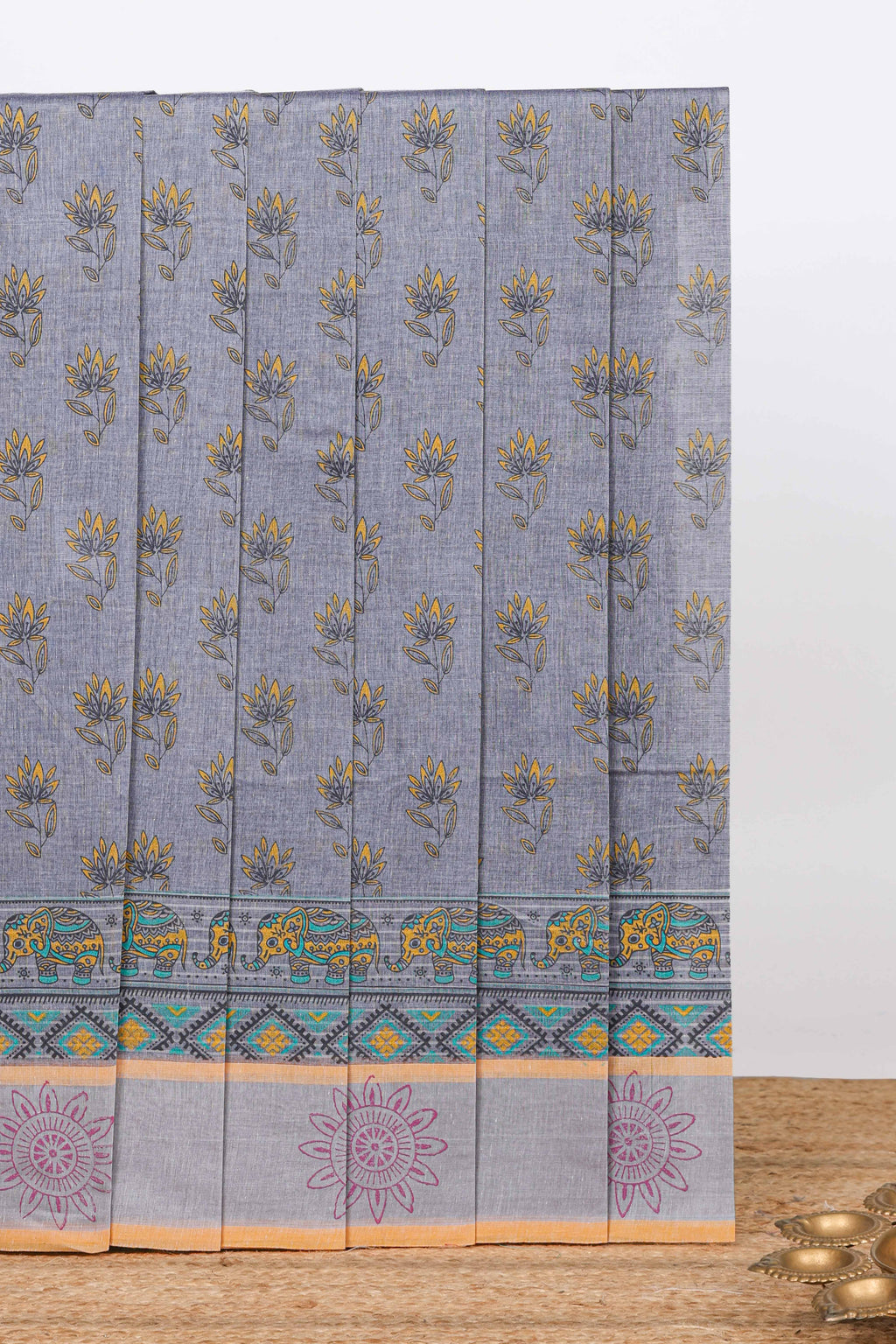 Grey floral design kovai cotton saree with self border and Contrast blouse