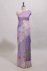 Lavender floral design linen cotton saree with self zari border and matching blouse