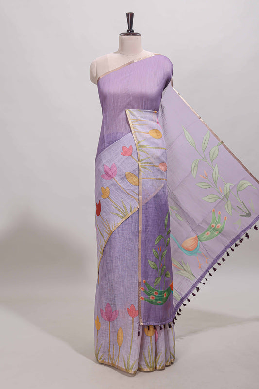 Lavender floral design linen cotton saree with self zari border and matching blouse