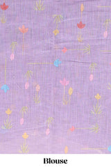 Lavender floral design linen cotton saree with self zari border and matching blouse