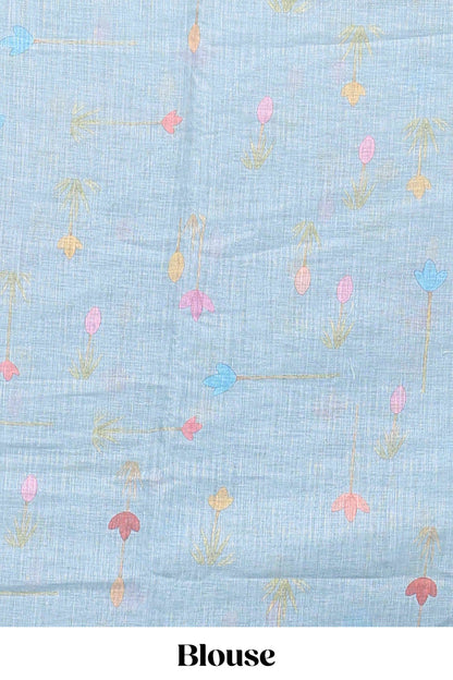 Blue floral design linen cotton saree with self zari border and matching blouse