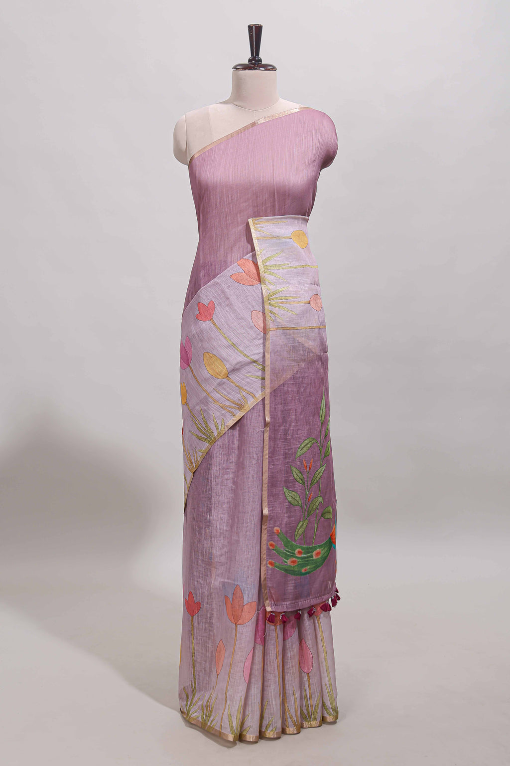 Peach floral design linen cotton saree with self zari border and matching blouse